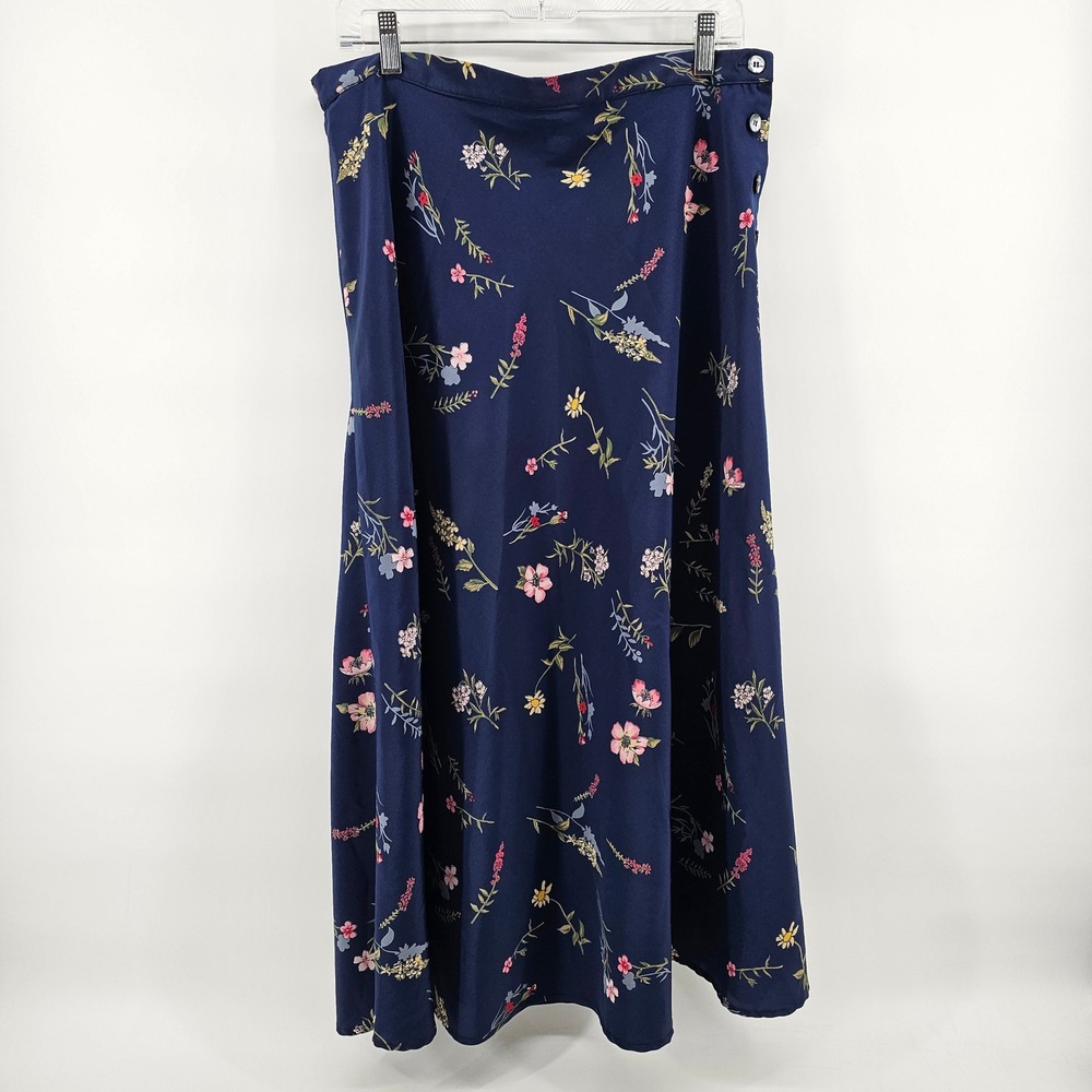 Halston Maxi Skirt Women 16 Blue Floral Side Button Elastic Back A-Line Vintage